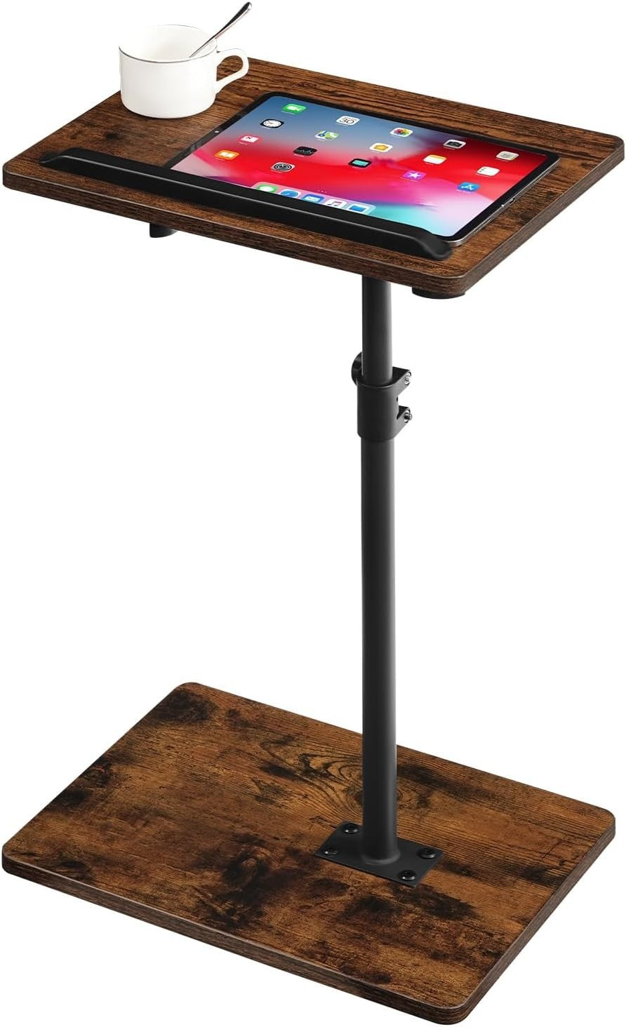 Rustic Adjustable C-Shaped Side Table 360° Rotating Tilt Top w/ Slot