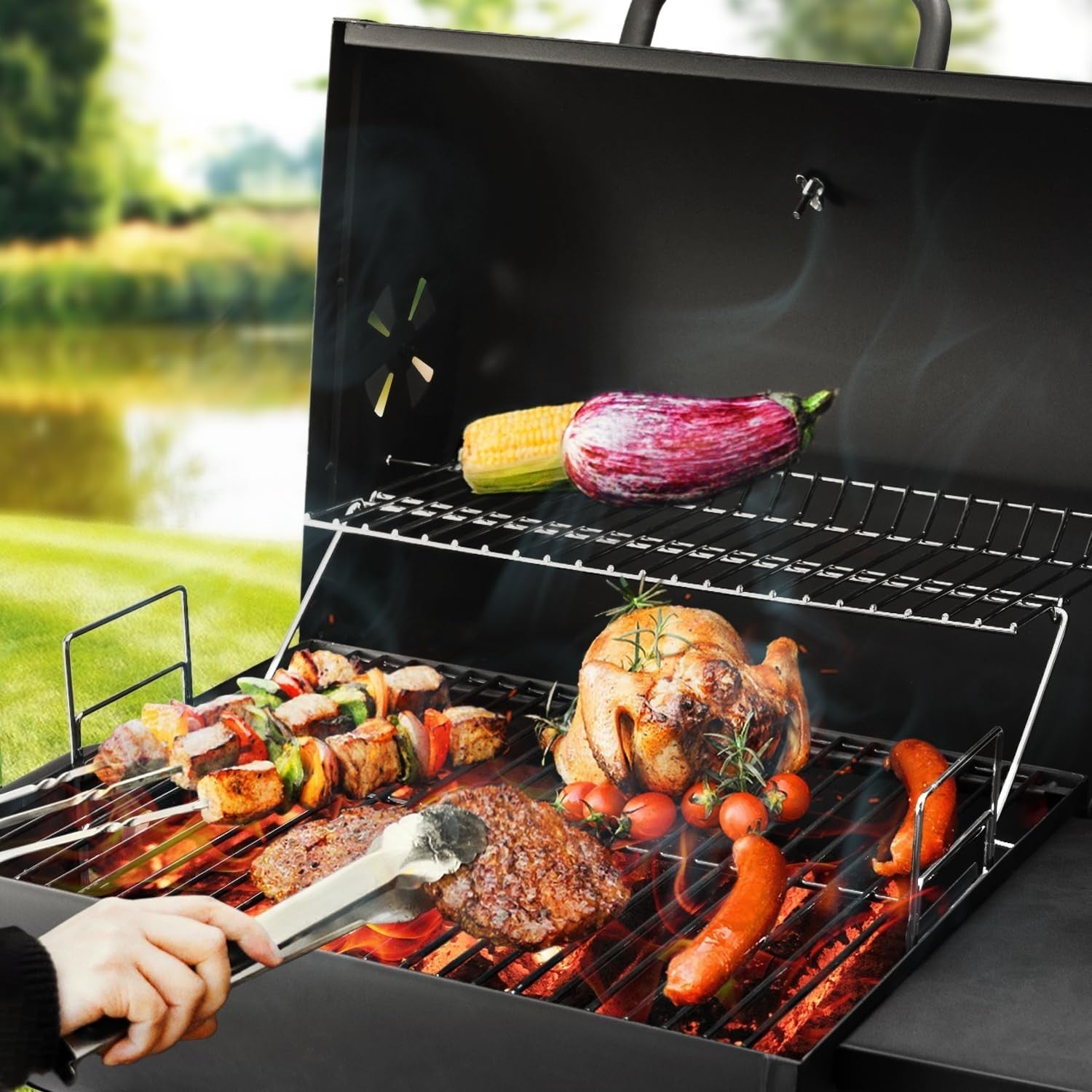 Charcoal BBQ Grill Smoker Outdoor | 2-in-1 Barrel Barbecue | Side Shelves