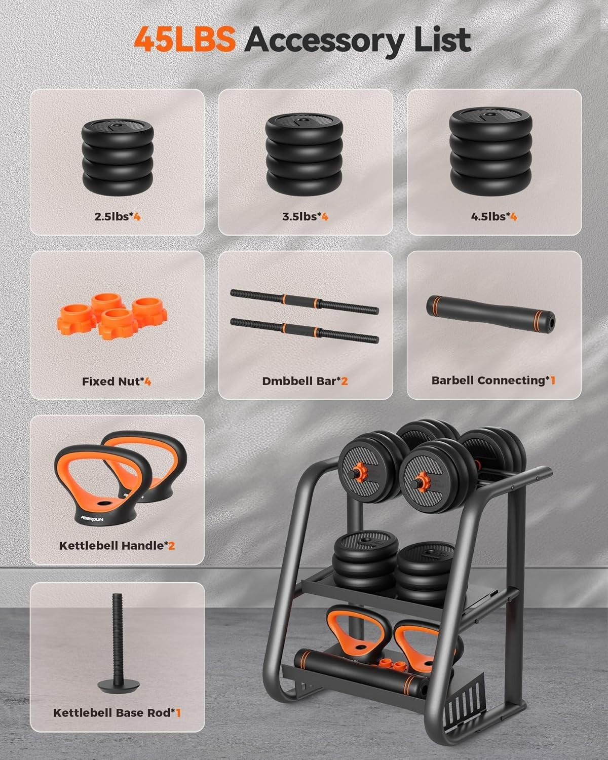 Adjustable Dumbbell Set 45lb 4 in 1 Free Weights Home Gym Kit