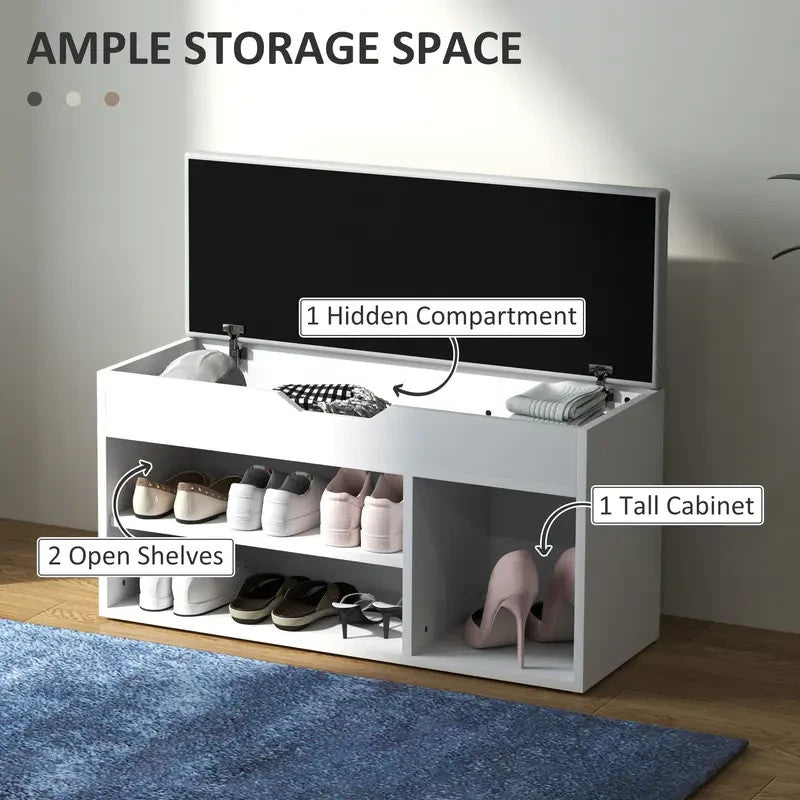 White Shoe Storage Bench with Seat Cushion & Hidden Shelves 80cm