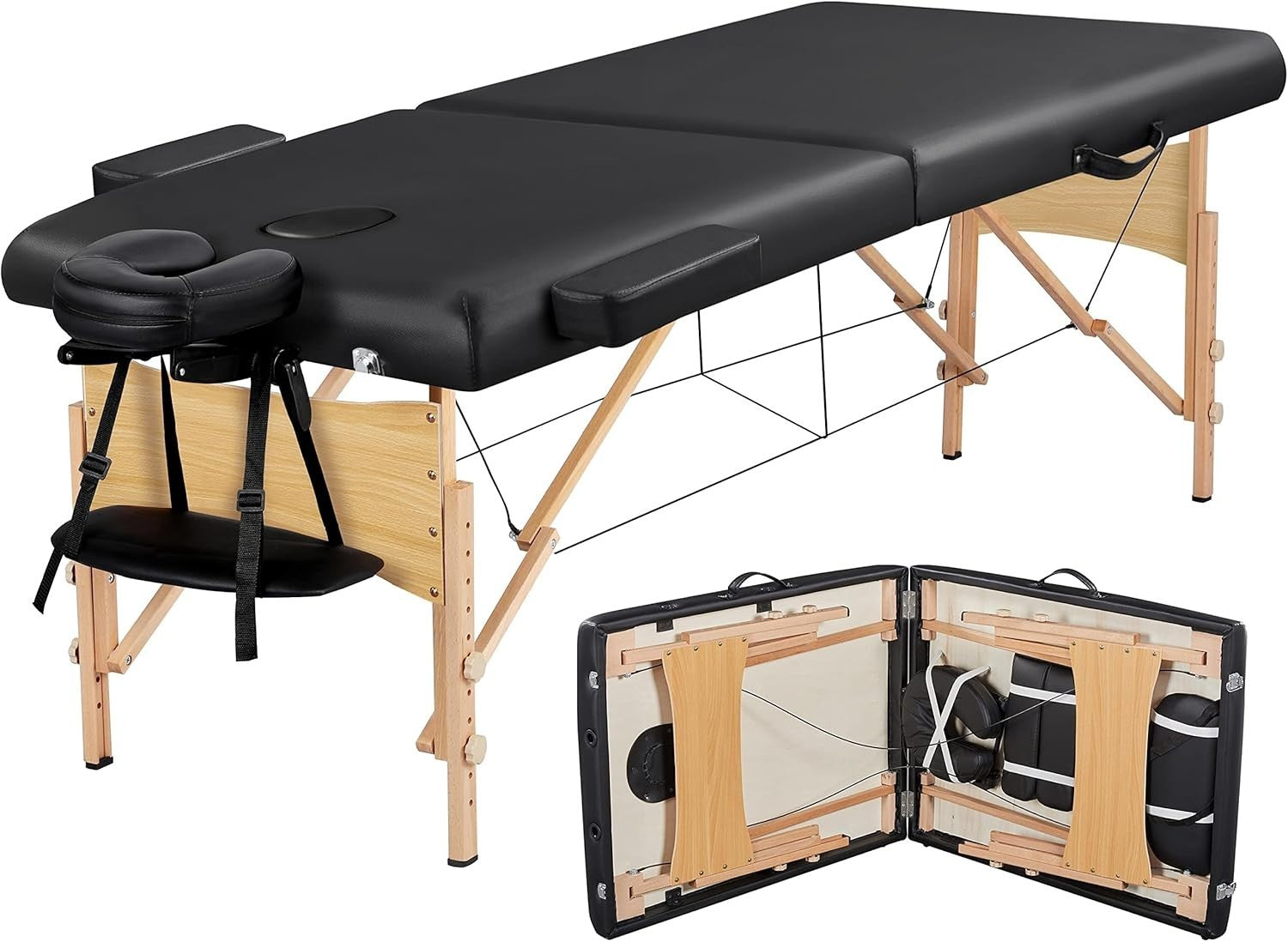 Portable Wood Massage Table 2-Section Folding Beauty Lash Bed Black 70cm Width