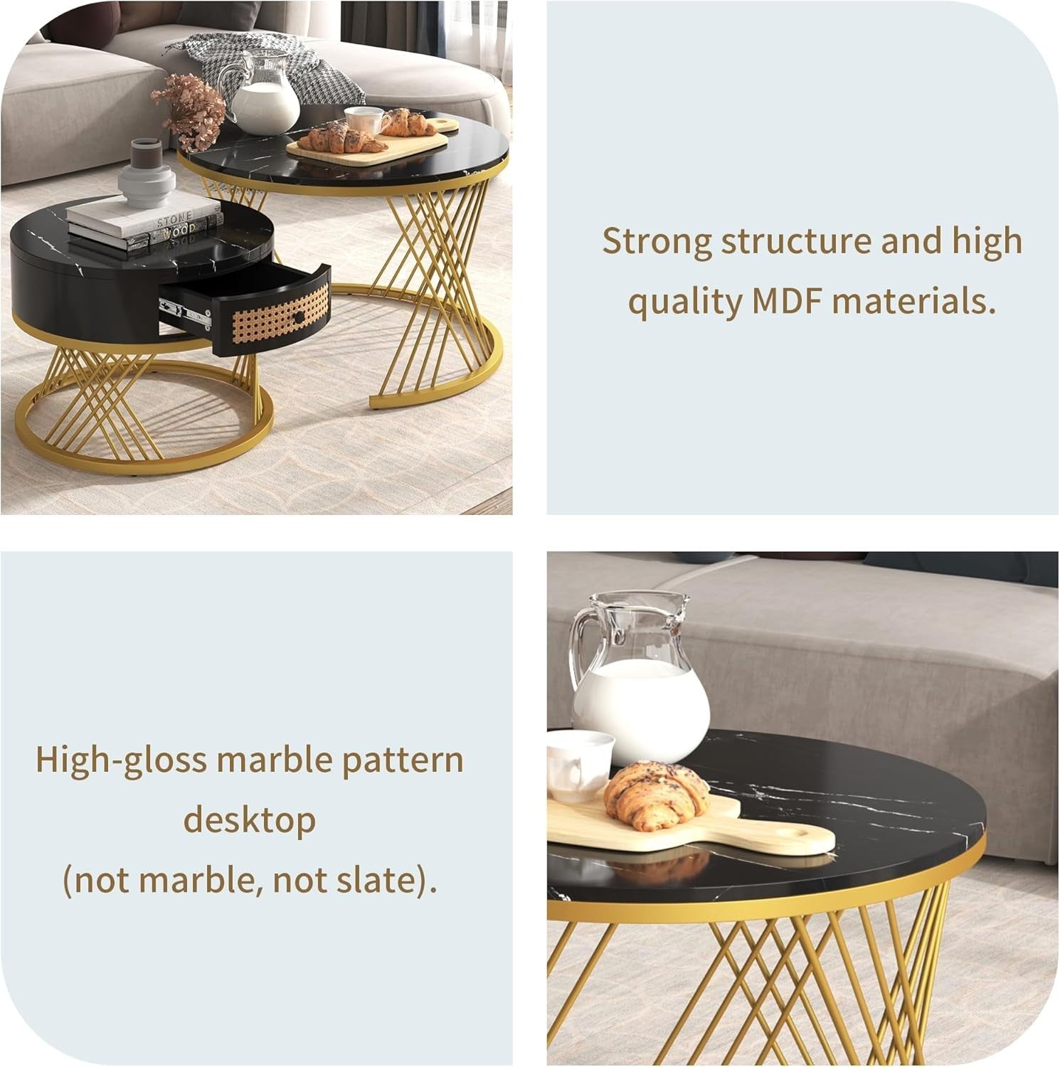 ModernLuxe 2-in-1 Round Coffee Table Set with Marble Top, Rattan Drawer