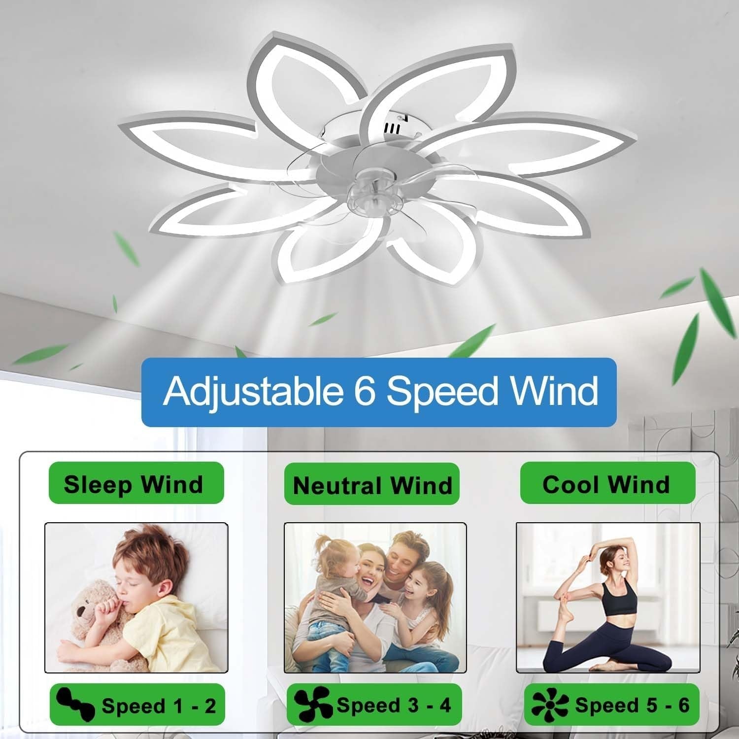 90CM Ceiling Fan with Light, 6-Speed, Remote, Silent DC, Black, LED