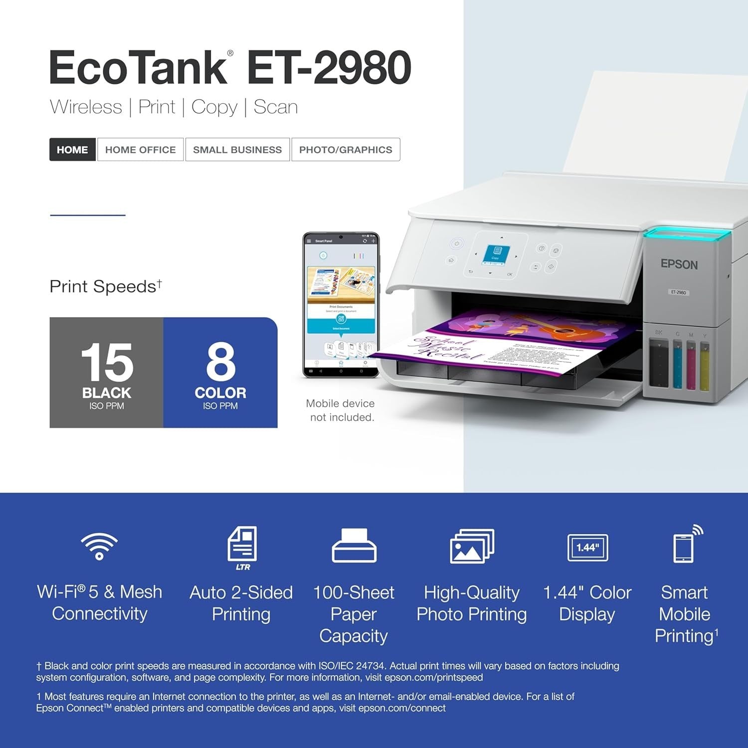 EcoTank ET-2980 White Wi-Fi All-in-One Supertank Printer | Print, Scan, Co