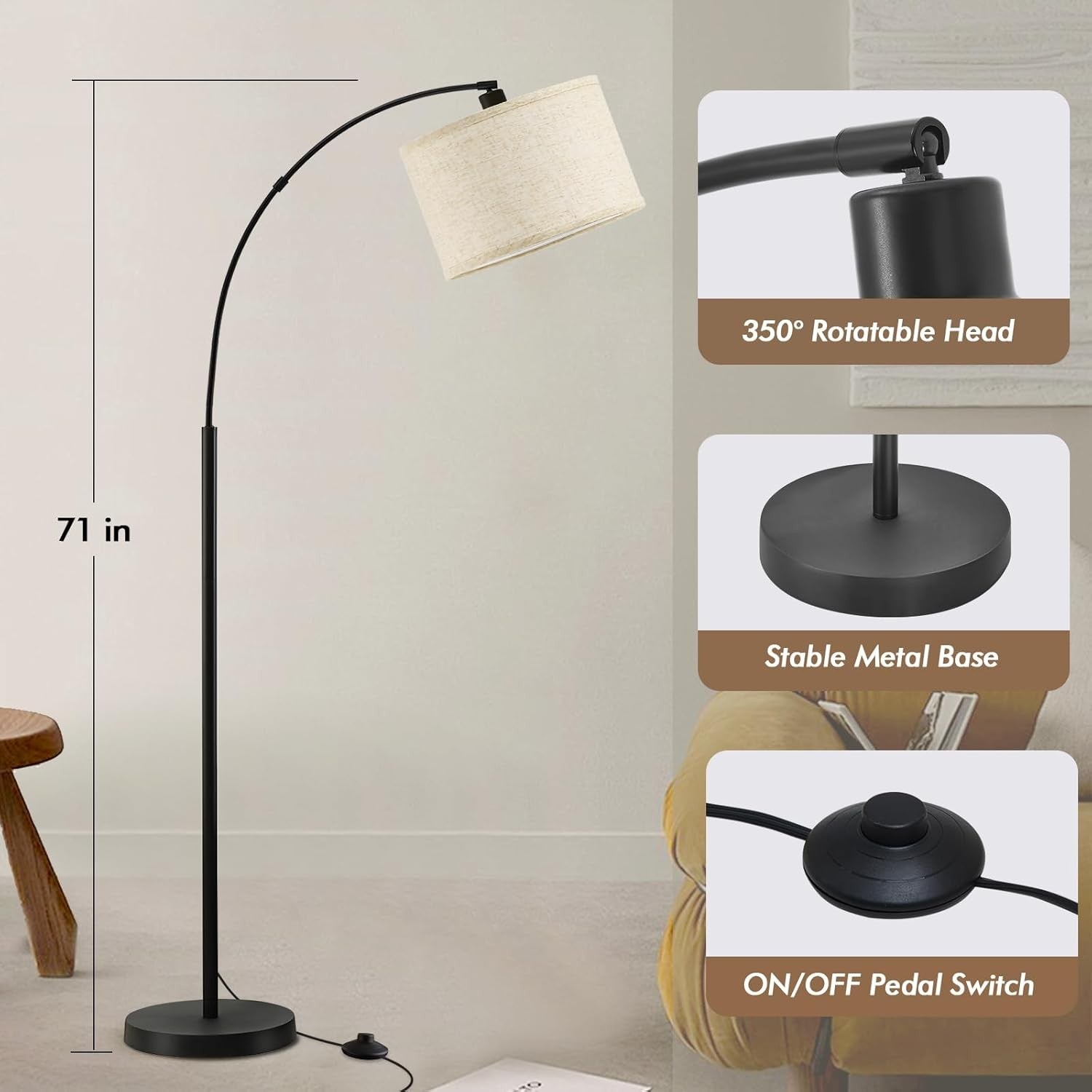 Black Arc Floor Lamp Adjustable Head Tall Standing Light with Fabric Shade
