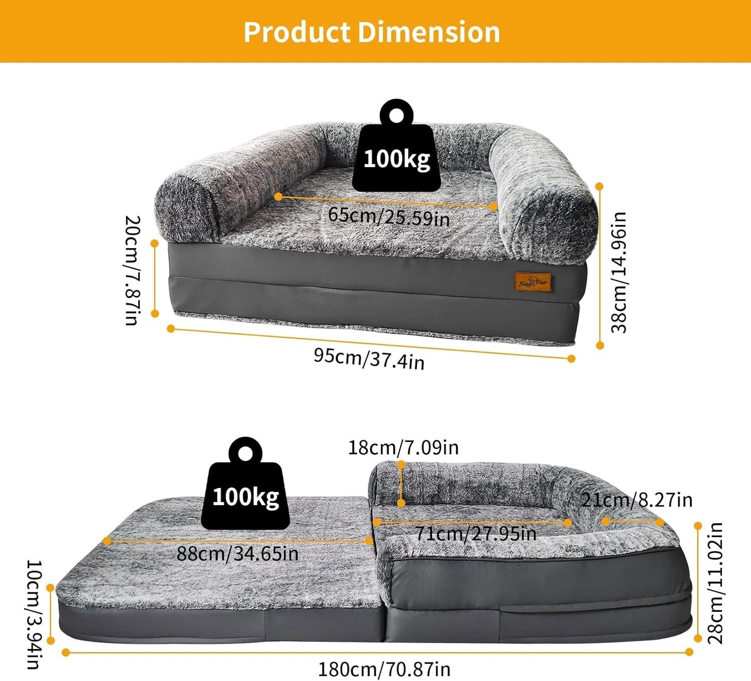 Human Size Dog Bed 180x95cm Orthopedic Memory Foam Grey