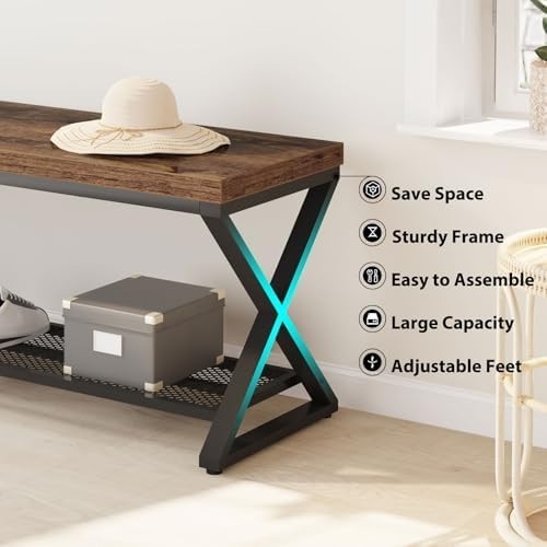 Rustic Brown Industrial Entryway Storage Bench Metal Frame Shoe Rack Seat