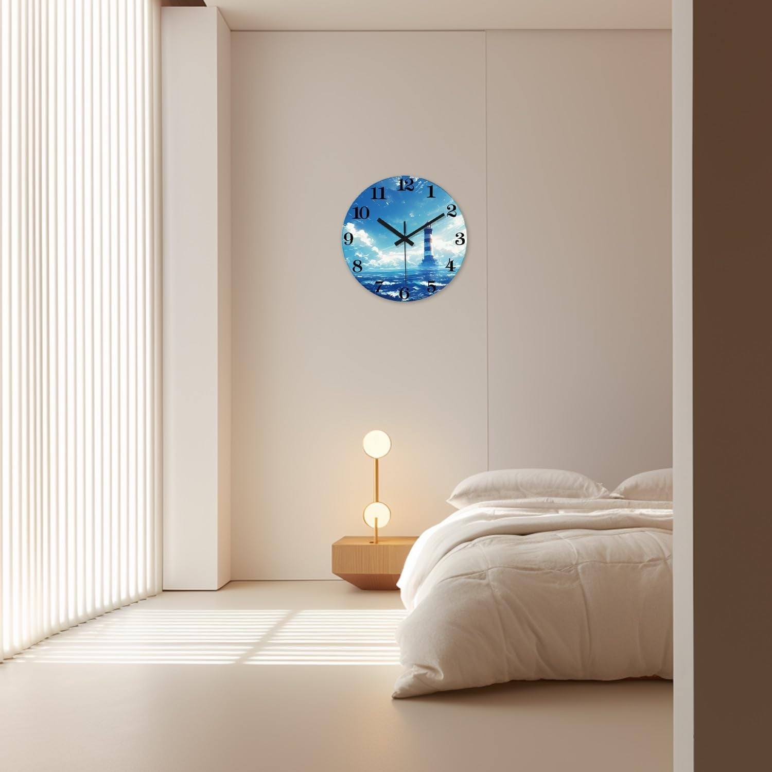 16" Blue Lighthouse Wall Clock Silent Glass Ocean Coastal Decor Modern