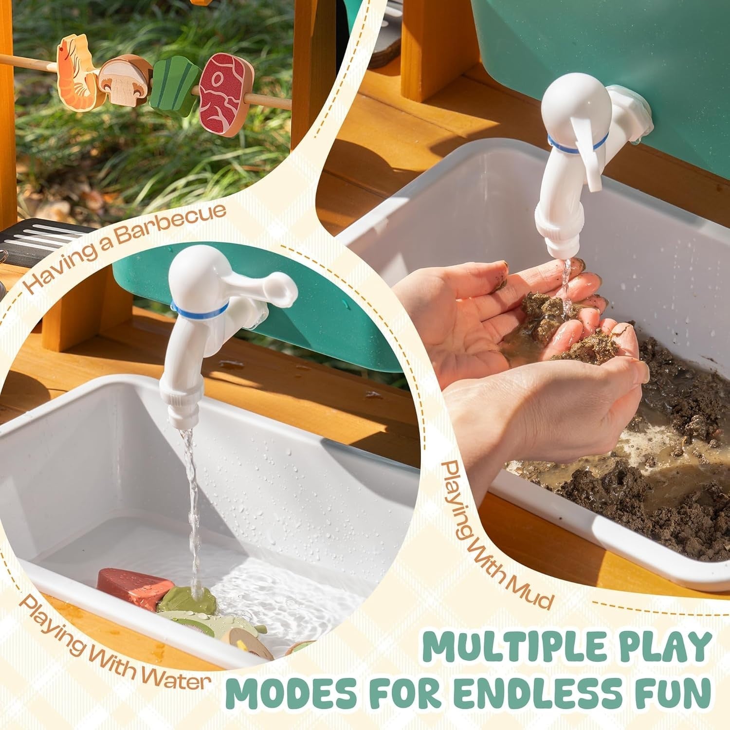 Kids Outdoor Mud Kitchen Wooden BBQ Playset Water Sink with Wheels