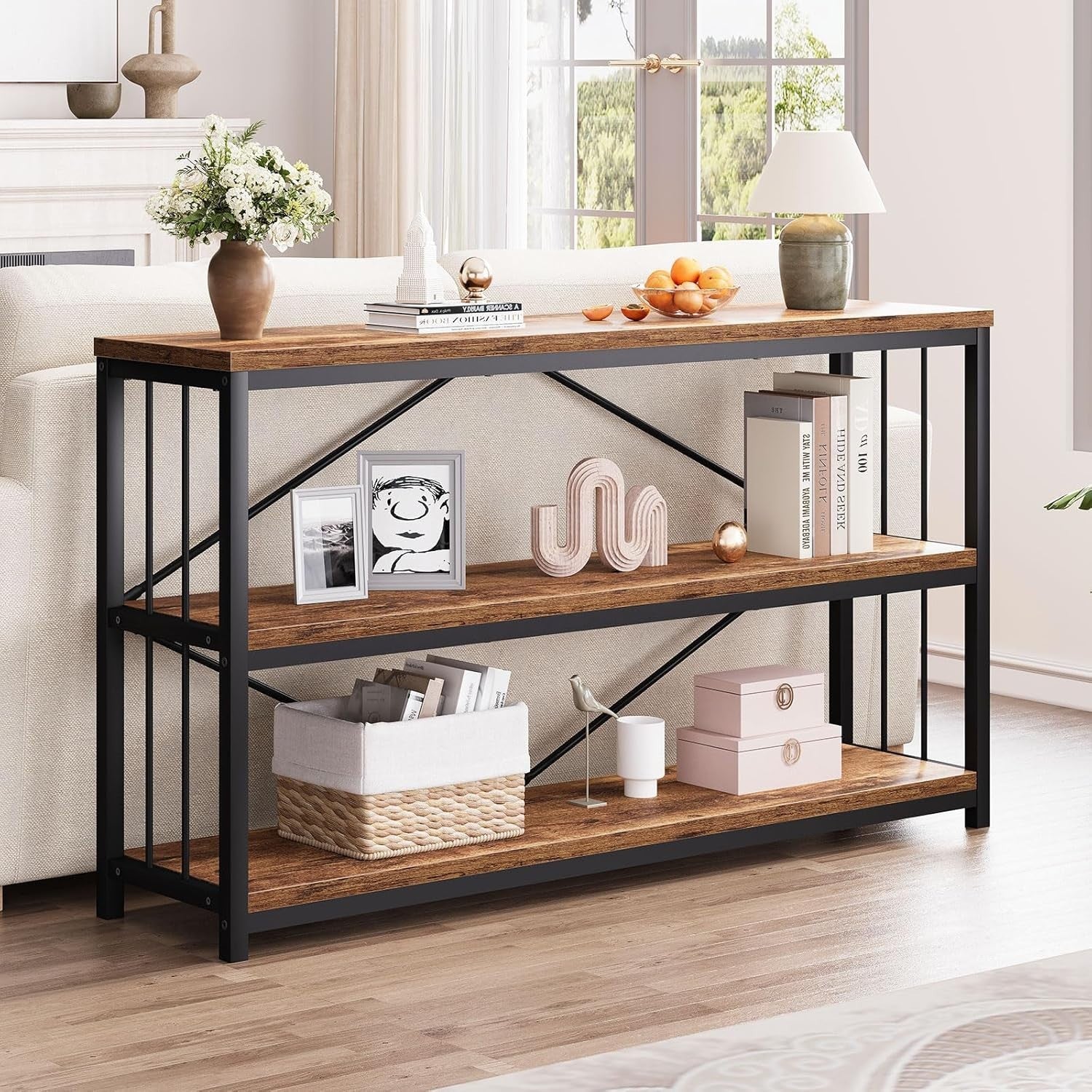 Rustic Industrial Console Table 3-Tier Storage Wood Metal 120x34x74cm