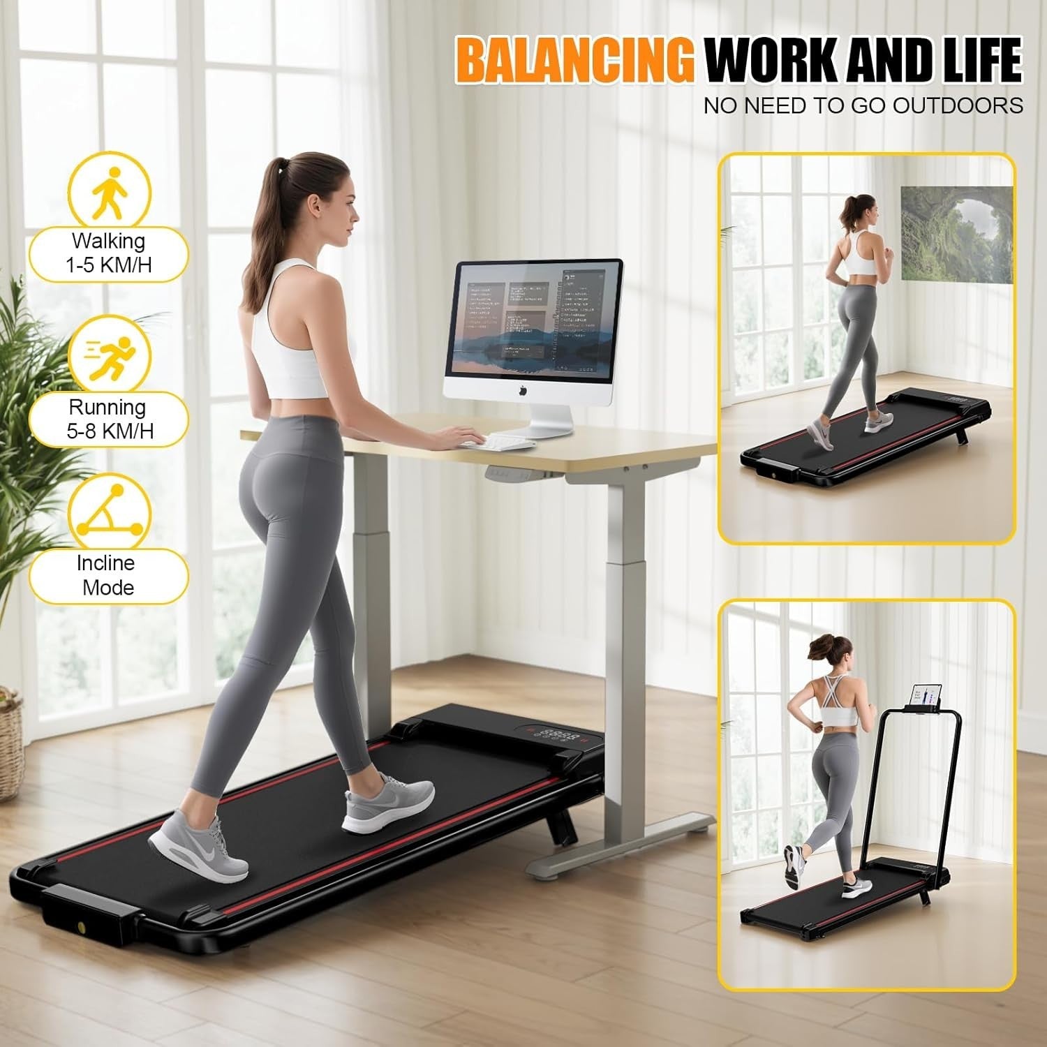 Foldable Under Desk Treadmill 2.5HP Incline Walking Pad Home Office Gym