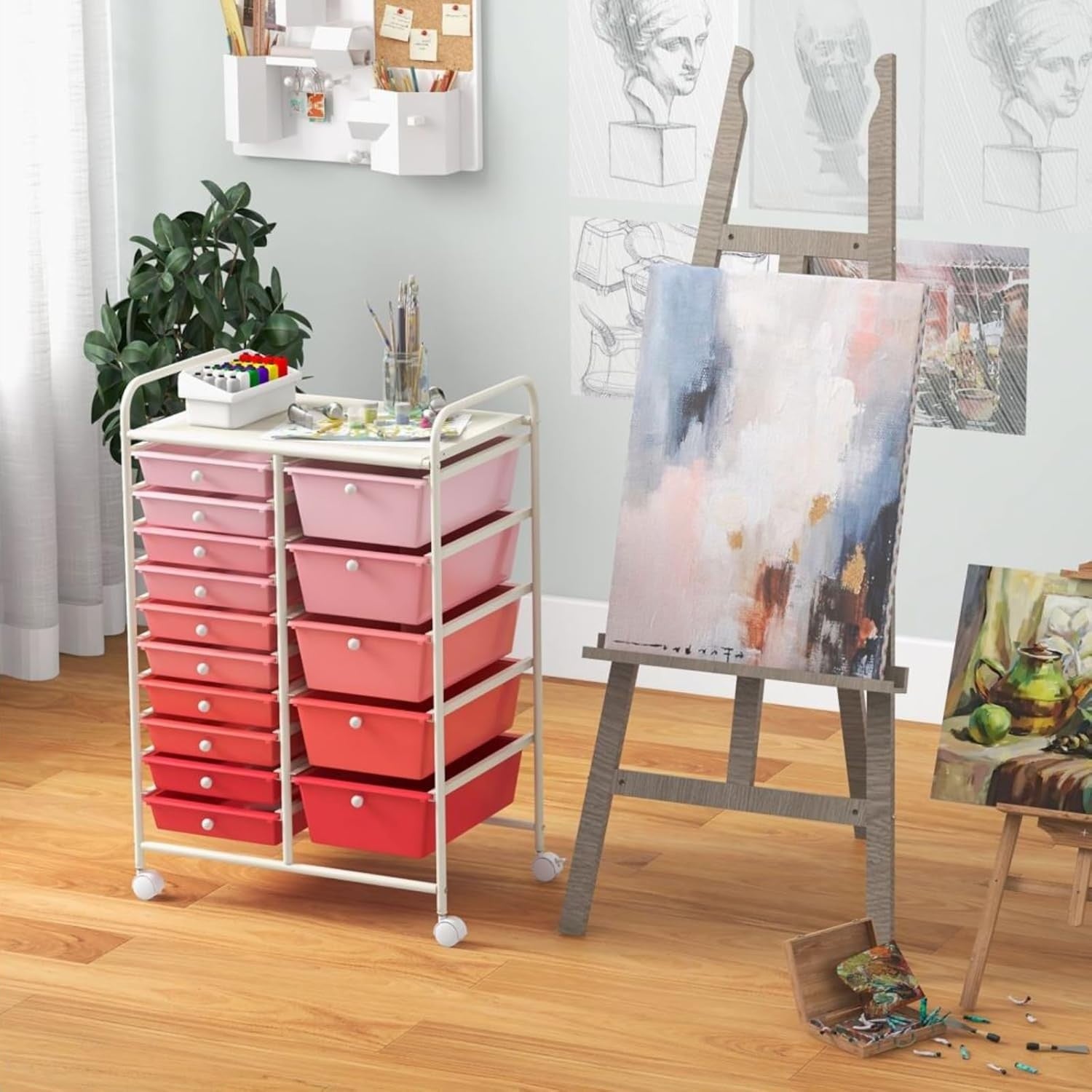15 Drawer Rolling Storage Trolley Gradient Pink Organizer Cart