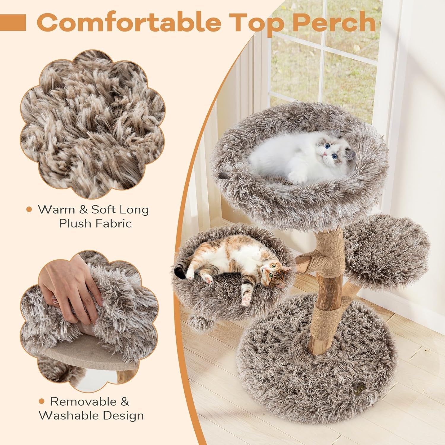 Luxury Wooden Cat Tree 92cm Multi-Level Tower with Plush Perches Scratching