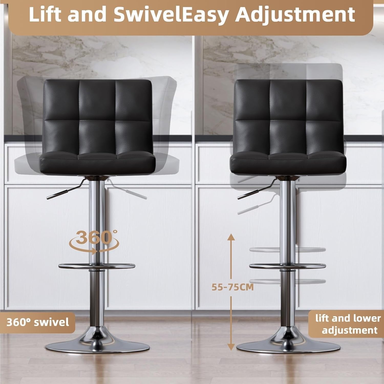 Adjustable Swivel Bar Stools Set of 2 Faux Leather Counter Chairs Black