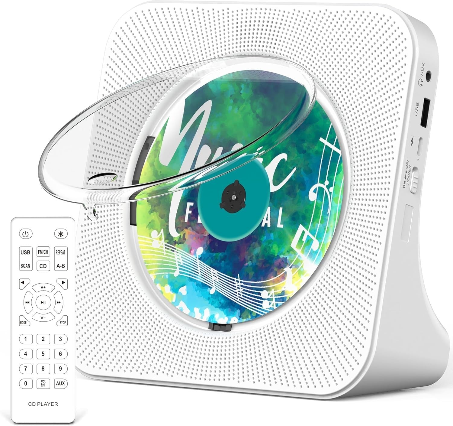 Bluetooth CD Player w Speakers FM Radio LCD Remote USB AUX White