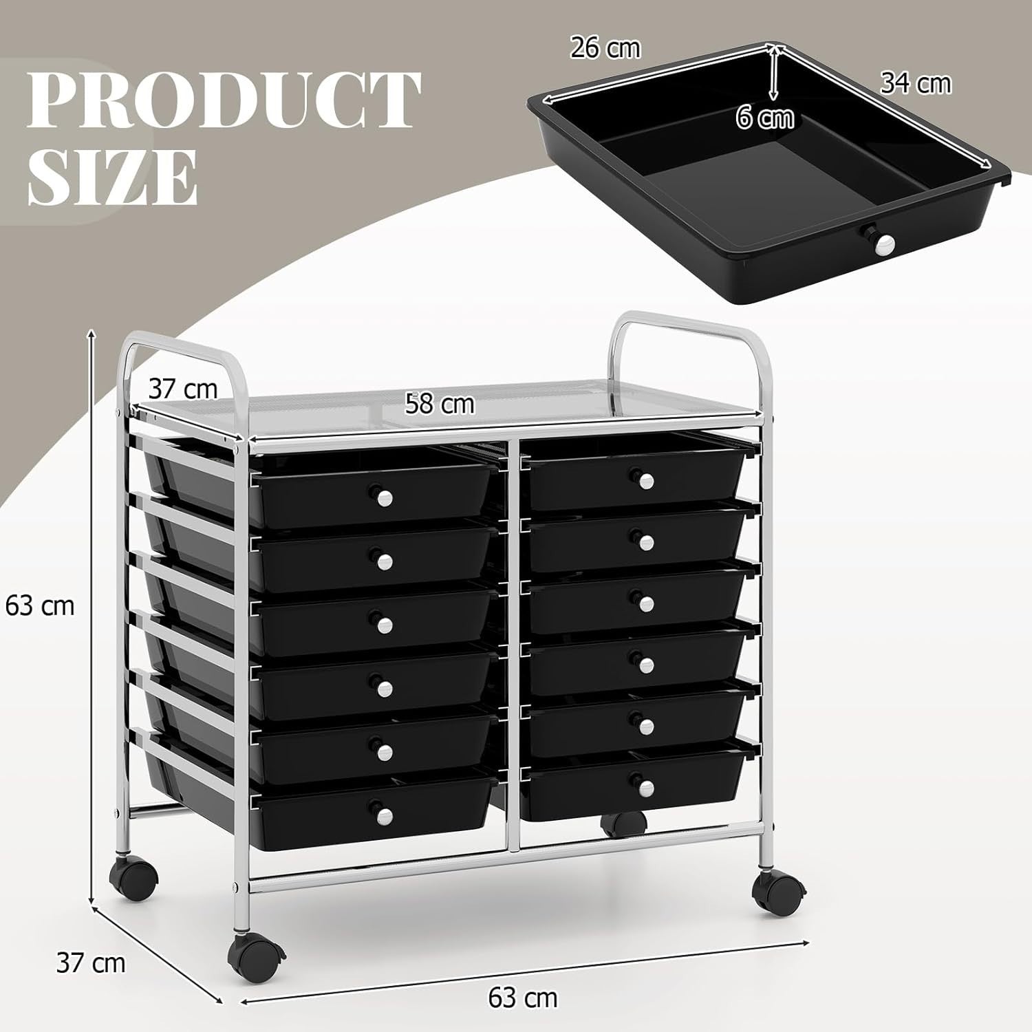 12 Drawer Rolling Storage Cart Utility Trolley Organizer Black Wheels