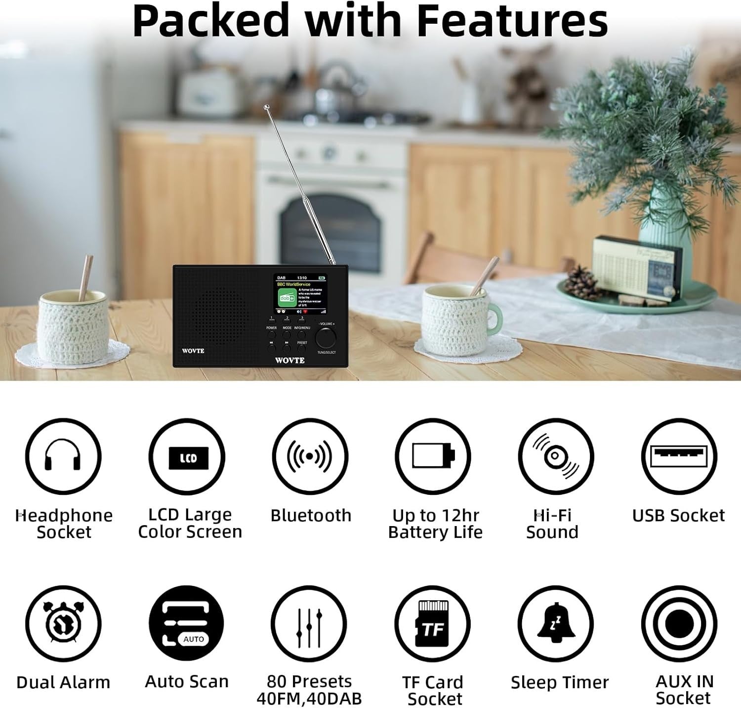 Portable DAB+ FM Radio Bluetooth USB TF Aux | 80 Presets Alarm