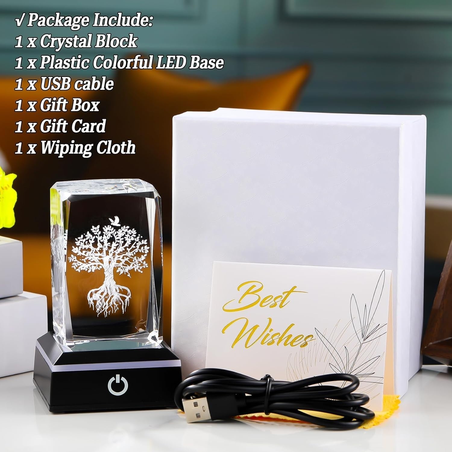 3D Crystal Tree of Life LED Light Gift Ornament for Women Men Birthday Decor