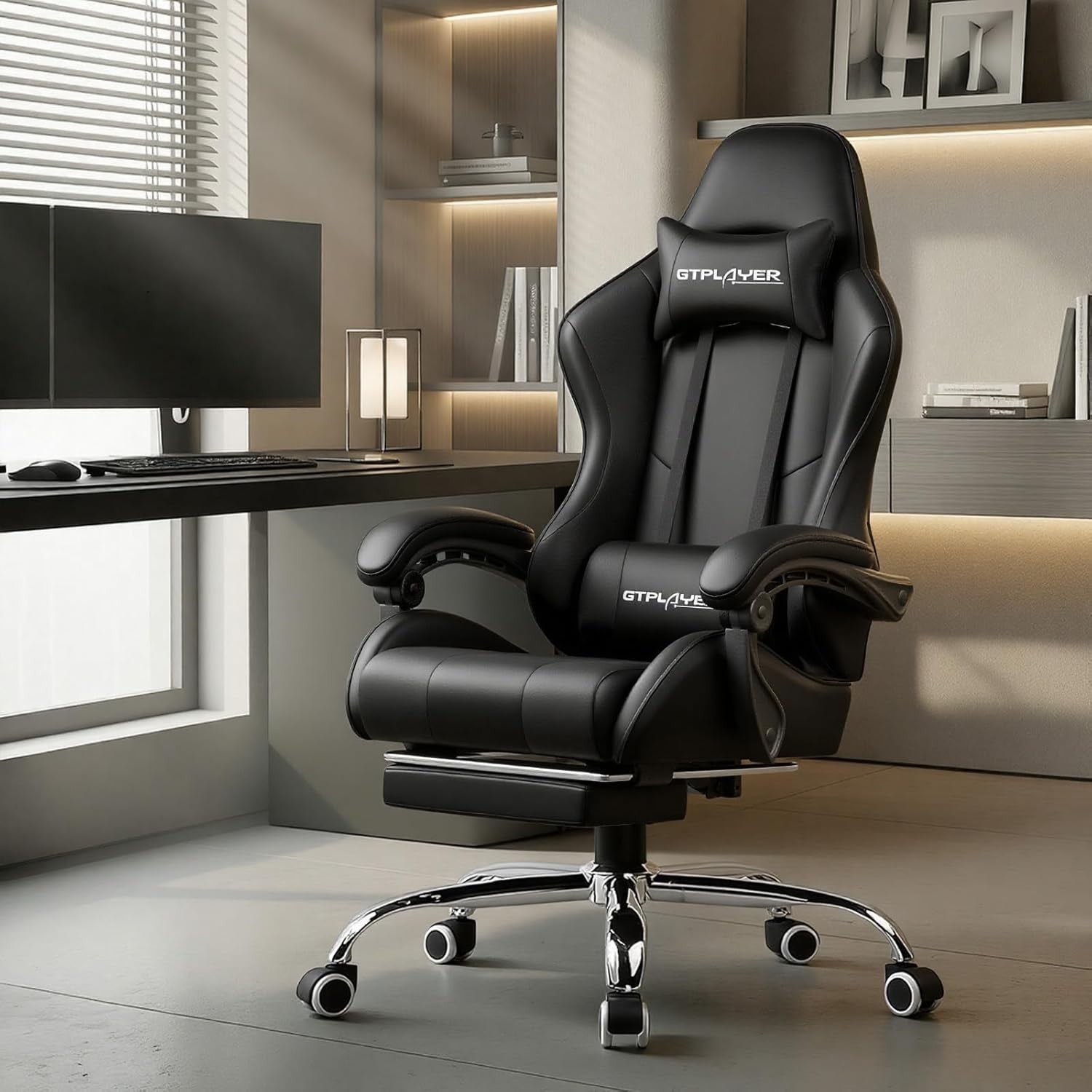 Gaming Chair Massage Ergonomic Reclining w Footrest Black