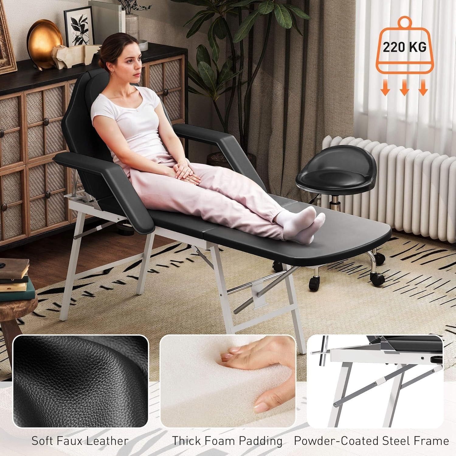 Portable 3-Section Massage Table Adjustable Beauty Bed Recliner Face Hole Black