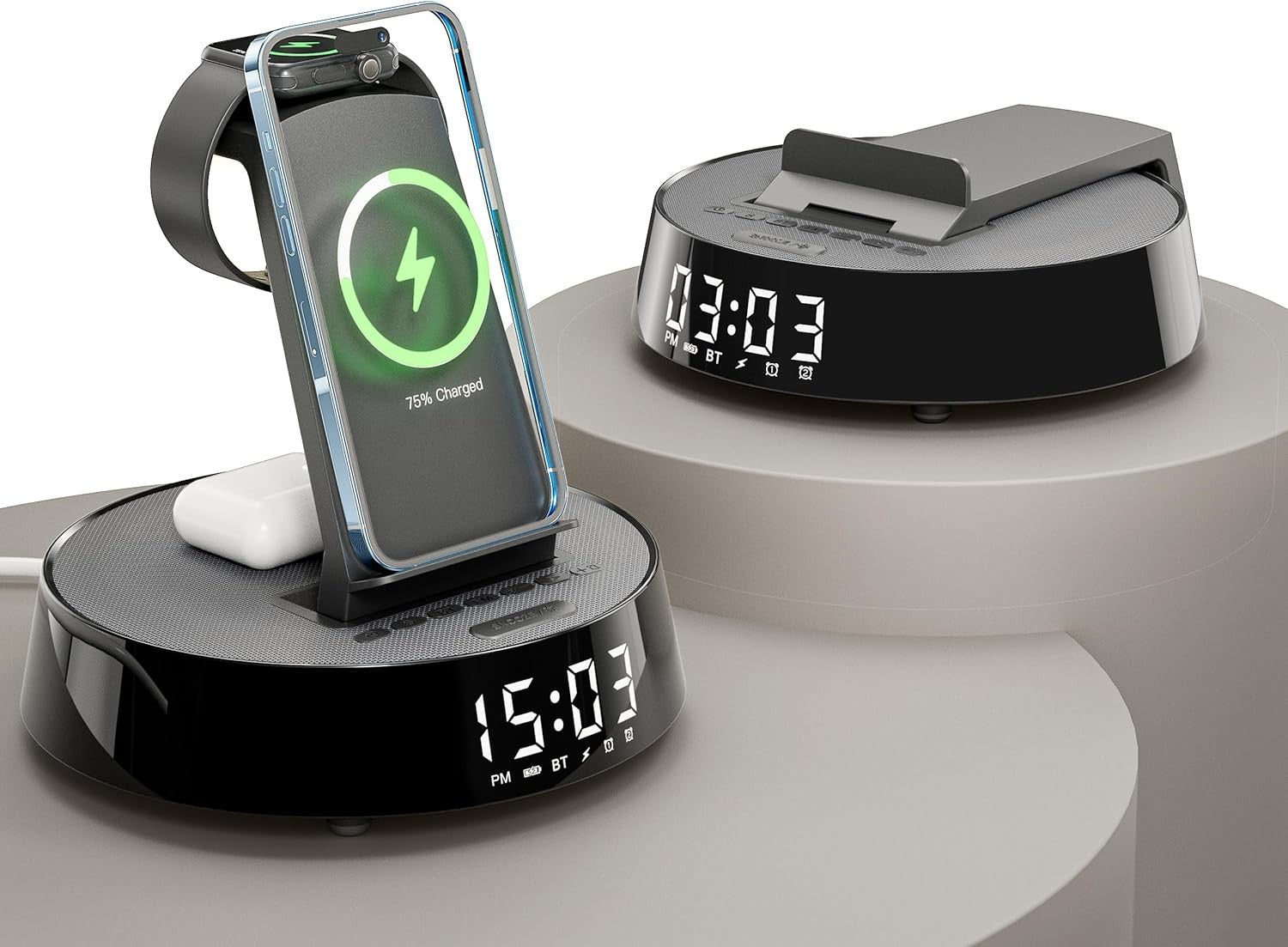 Wireless Charger Alarm Clock Bluetooth Speaker Night Light Fast Charge
