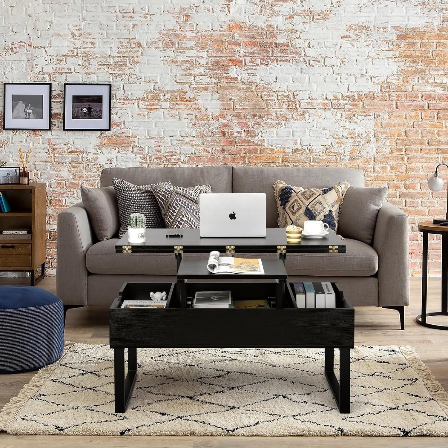 Lift Top Coffee Table with Hidden Storage 3-in-1 Convertible Black 100x50x50cm