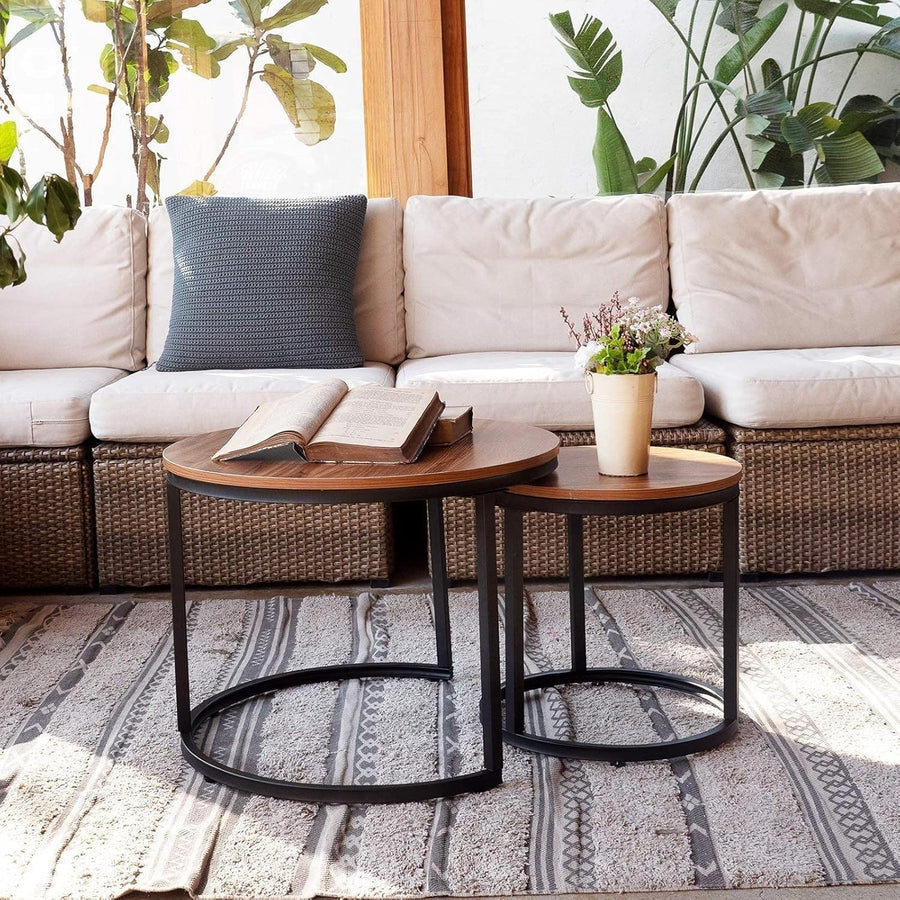 Nesting Coffee Table Set 2 Round End Tables Modern Side Desk Gray/Black