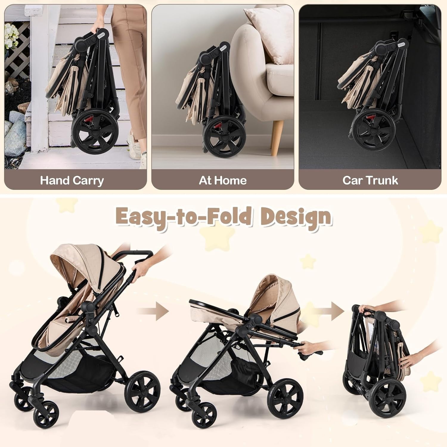 2in1 Baby Pushchair Reversible Seat Foldable Newborn Stroller Beige