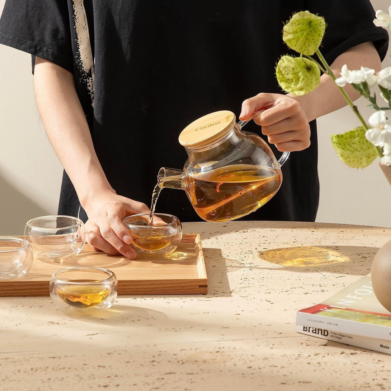 900ml Glass Teapot Set with 4 Double Wall Cups Stovetop Safe Tea Maker