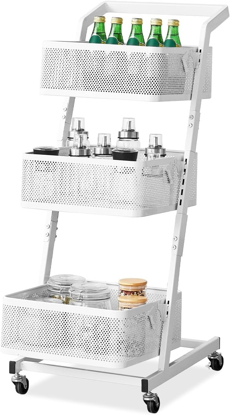 3 Tier Rolling Utility Cart Metal Storage Trolley w Wheels Kitchen Rack