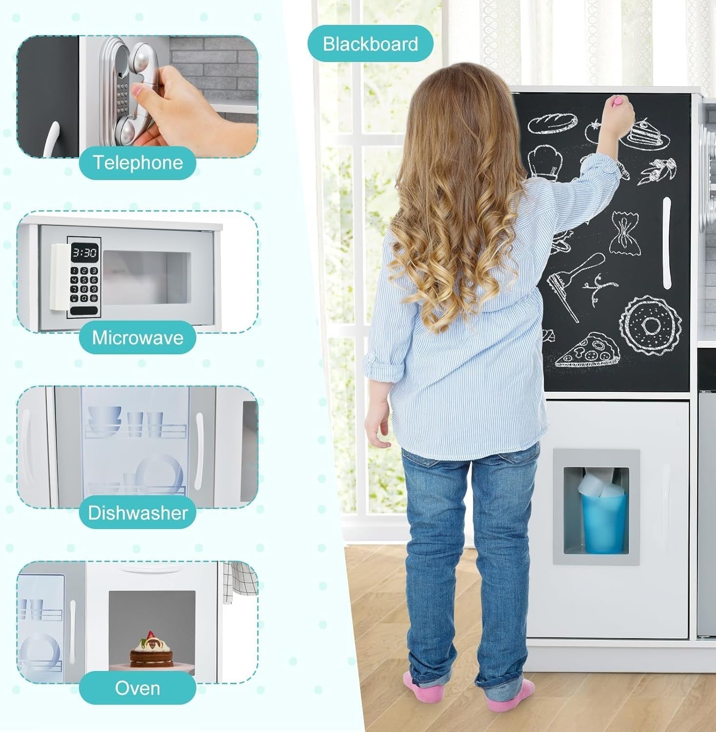 Wooden Kids Play Kitchen Toy Set Ice Maker Chalkboard Cooking Playset