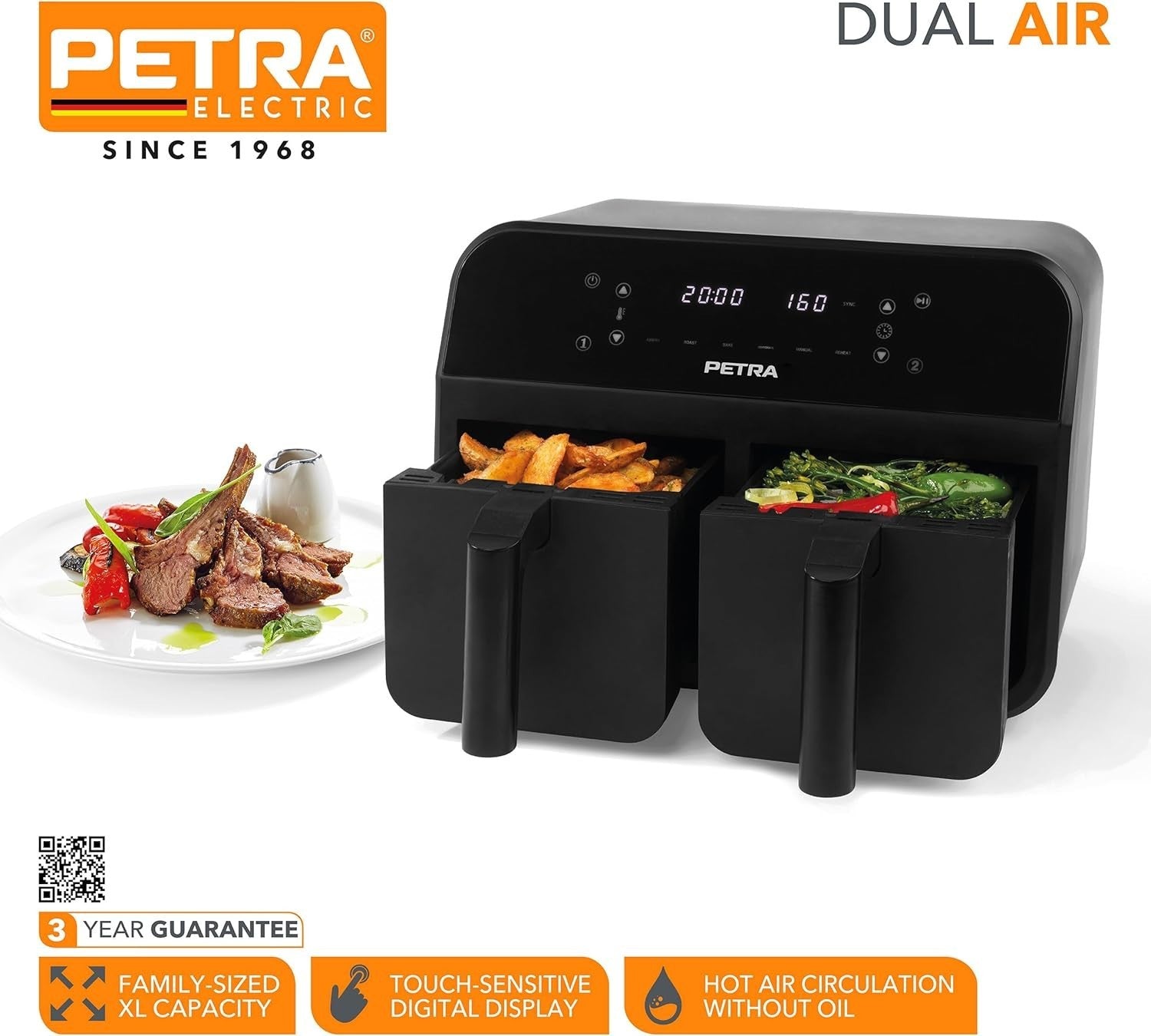 Dual Air Fryer 7.4L 2 Drawer 2400W Sync Match LED 6 Presets 60min Timer