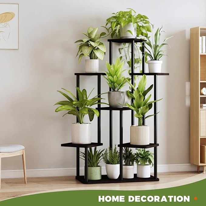 7 Tier Tall Metal Wood Plant Stand Indoor Outdoor Multi-Level Flower Shelf
