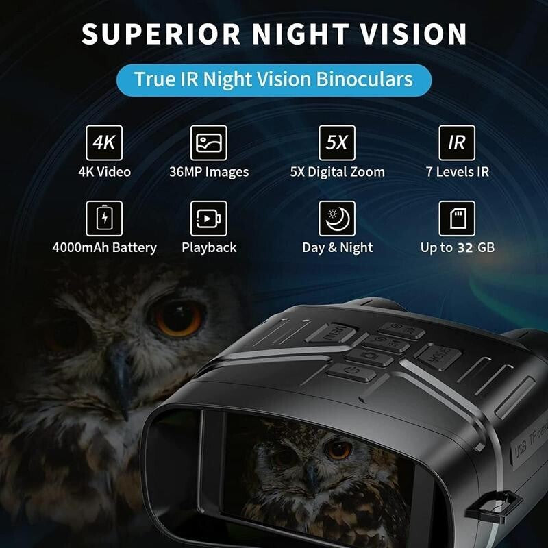4K Night Vision Binoculars 3" Screen w/ 32GB Card HD Infrared Zoom Goggles