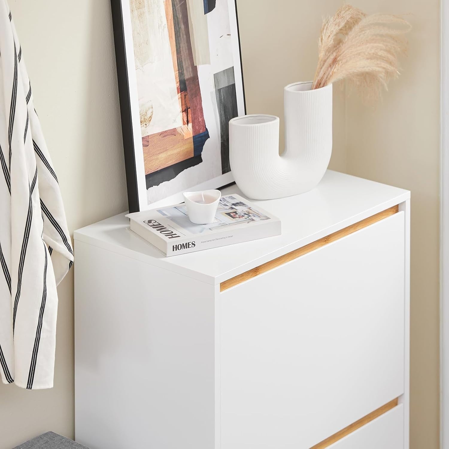 Slim White Shoe Cabinet with 2 Flip Drawers Hallway Storage 60x34x91cm