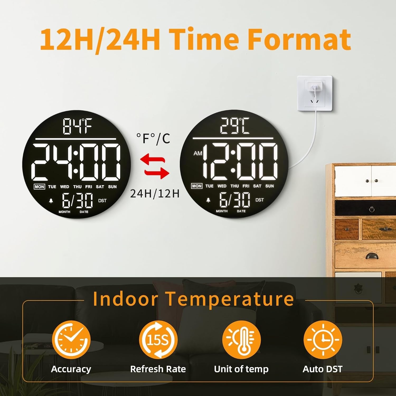 White LED Digital Wall Clock 10 Inch Remote Control Night Light Display