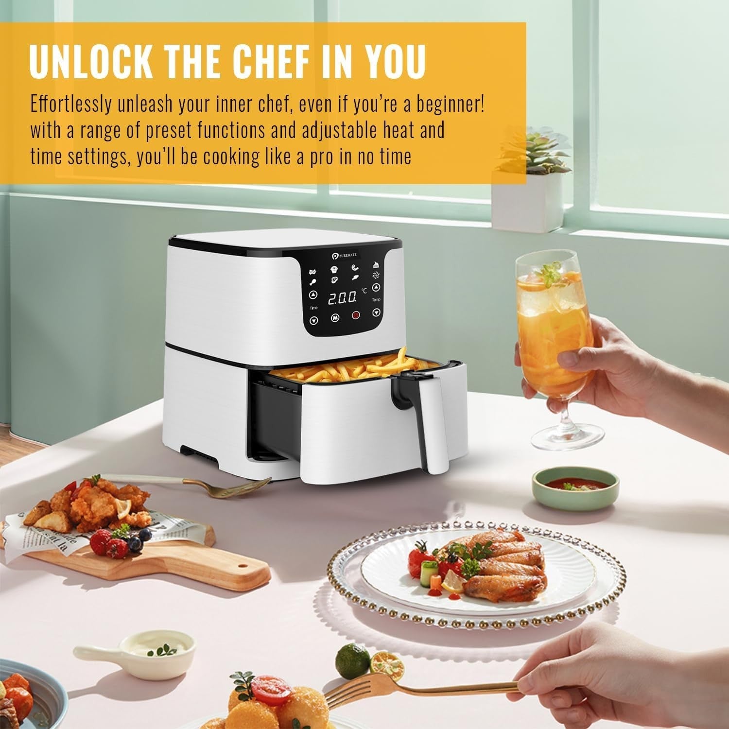 5.5L Digital Air Fryer 1700W | Oil-Free Cooking | 7 Presets + Recipe Book White