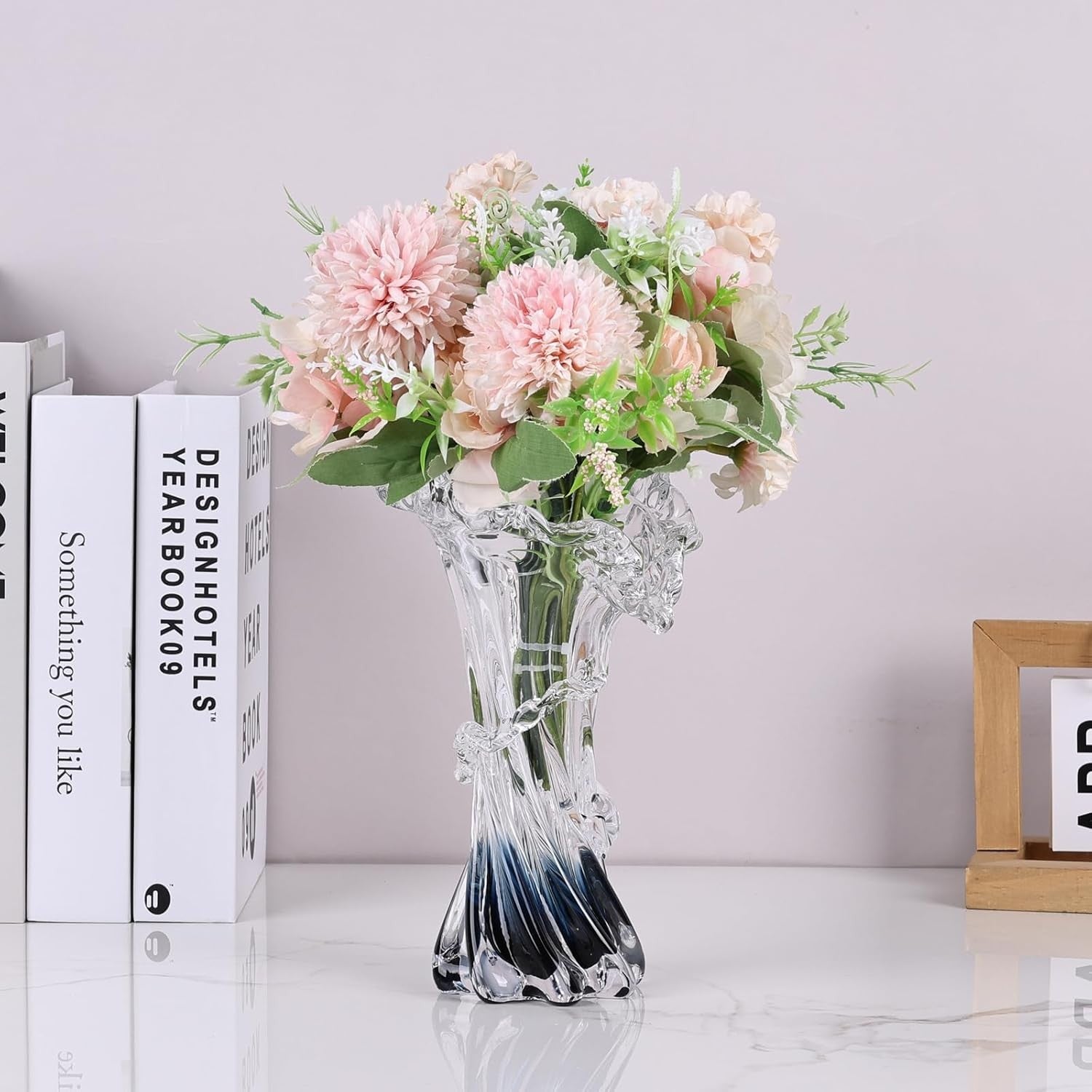 Hand Blown Glass Wave Vase Blue White Modern Art Flower Vase Decor