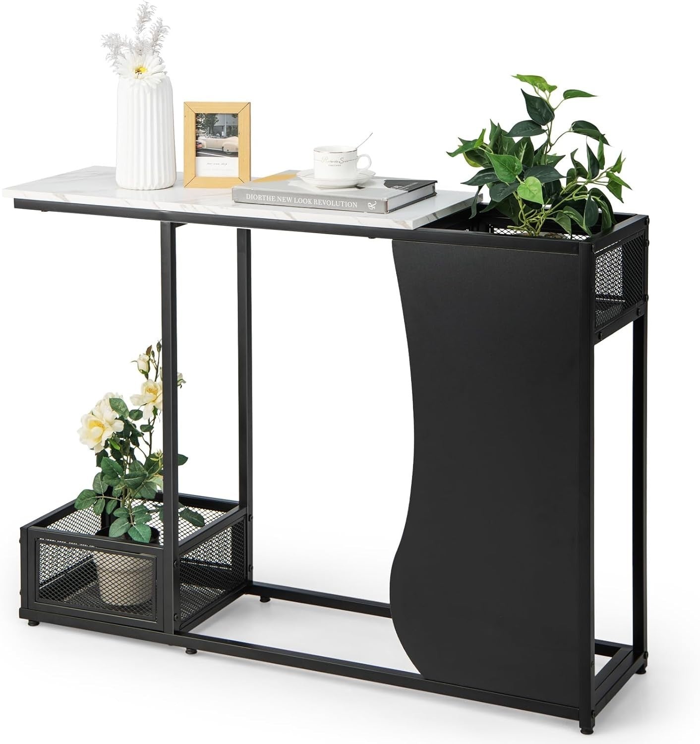 Modern Faux Marble Console Table with Storage Mesh Cubes, Slim Design