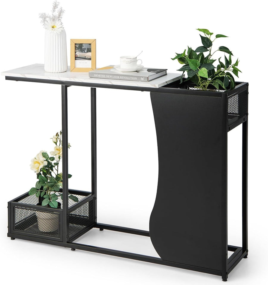 Modern Faux Marble Console Table with Storage Mesh Cubes, Slim Design