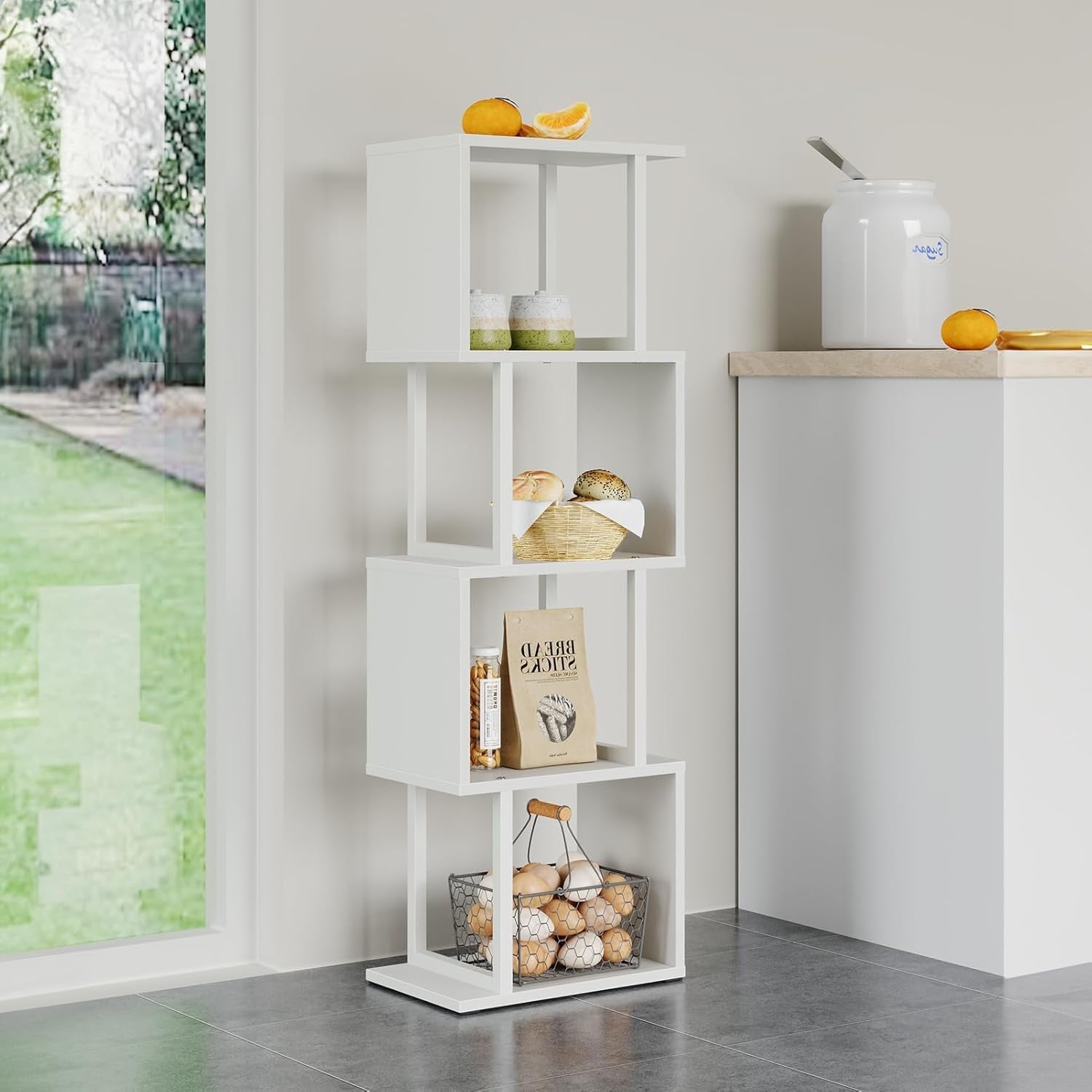 5-Tier S-Shaped Corner Bookcase with 6-Colour LED Lights White Display Shelf Uni