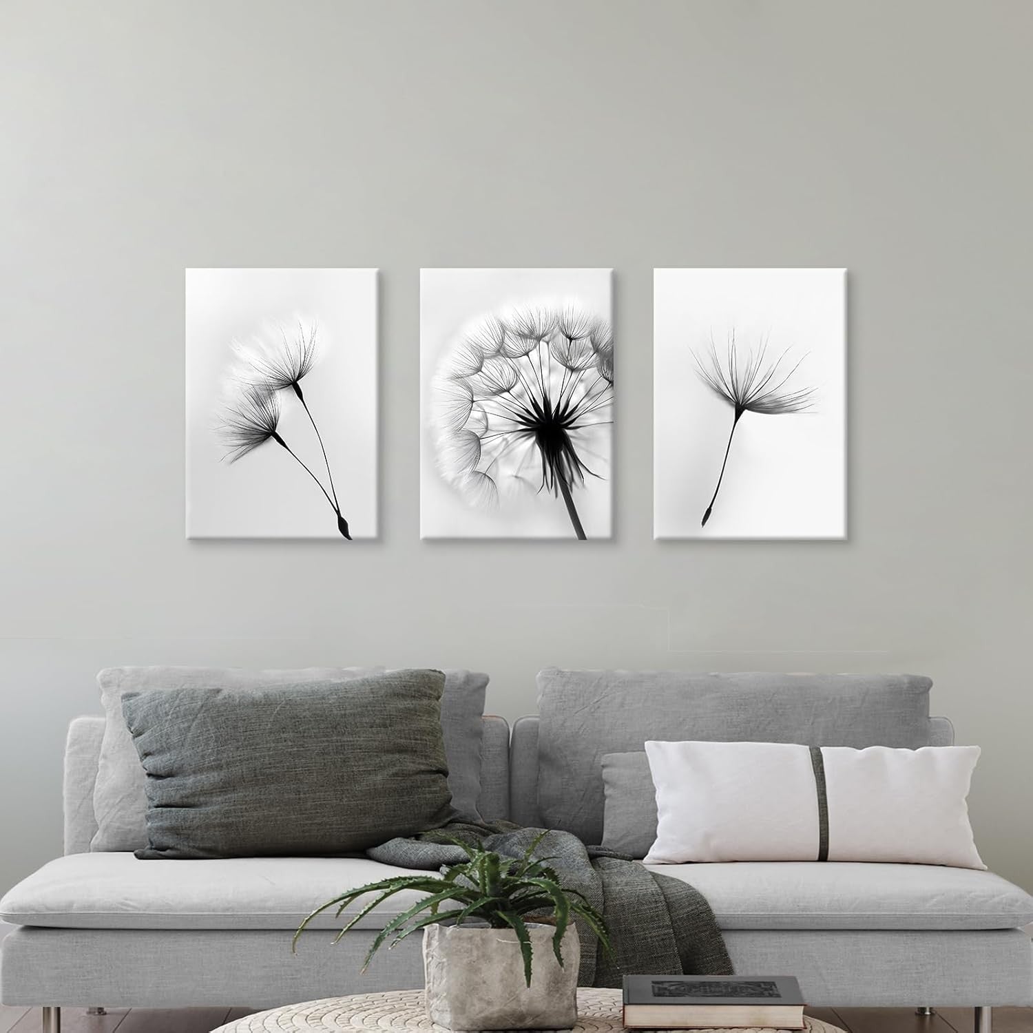 Set of 3 Black White Dandelion Canvas Wall Art Framed
