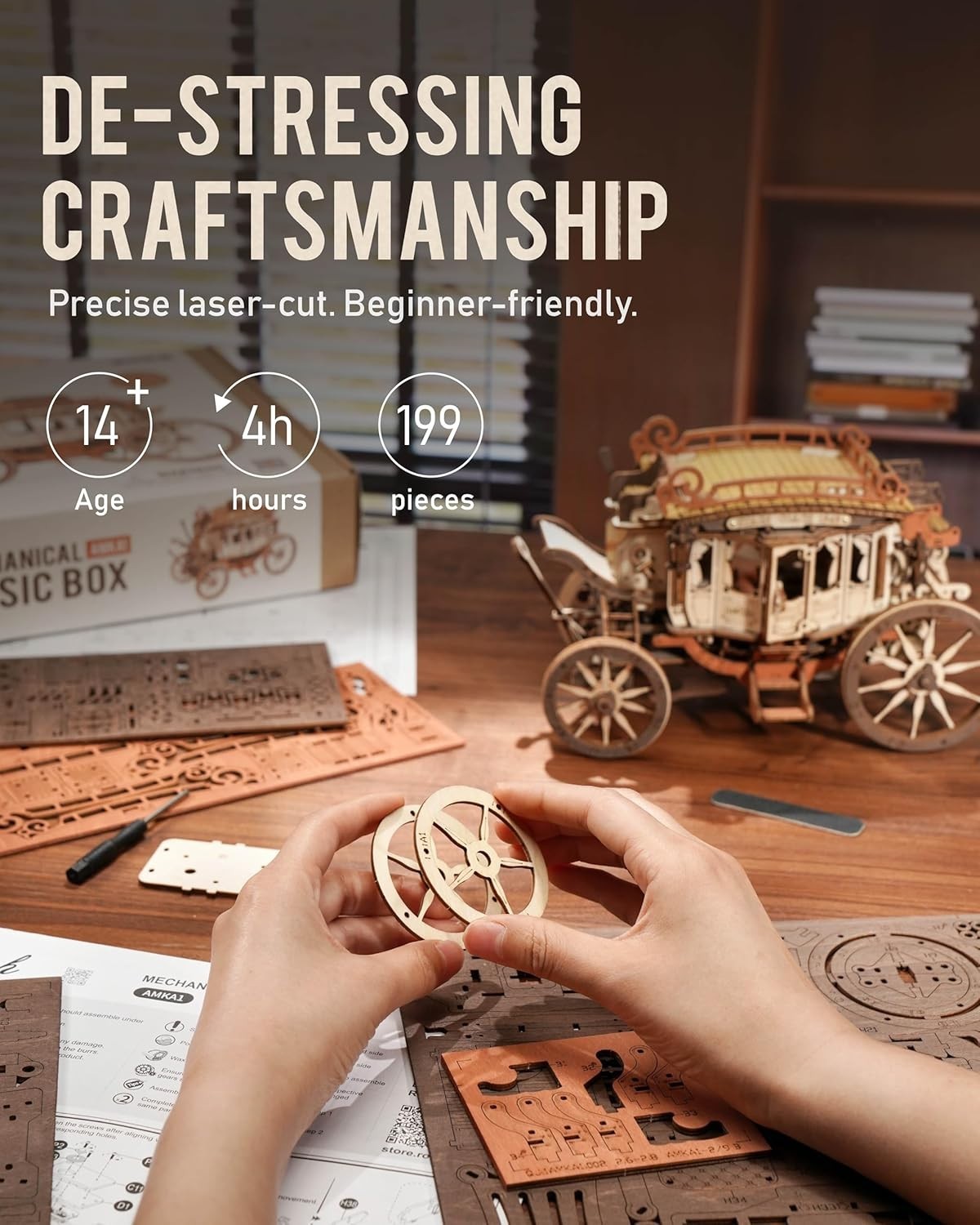 3D Wooden Stagecoach Puzzle Kit with Music Box – DIY Gift for Adults & Kids