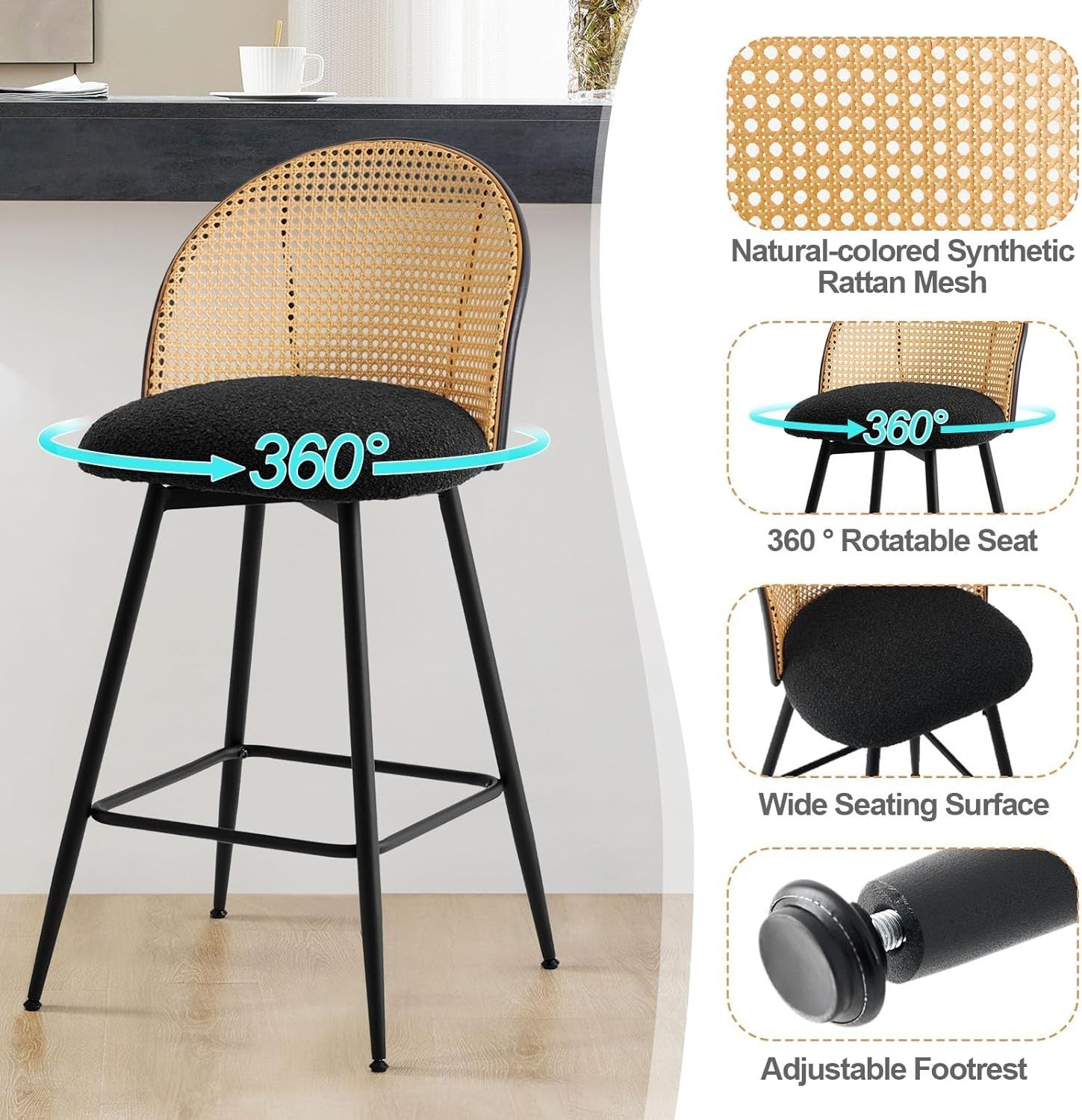 Swivel Rattan Counter Stools Set of 2 Upholstered Seats Kitchen Island Chairs