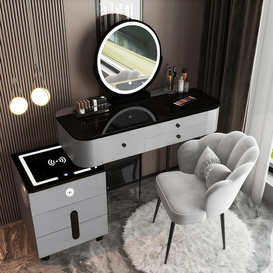 Smart Makeup Vanity Dressing Table Set w/ Mirror, Wireless Charging, 5 Drawers