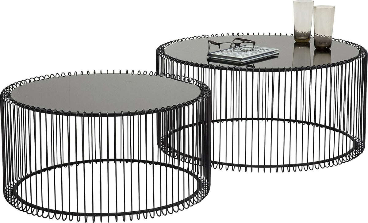 Modern Black Round Glass Coffee Table Set of 2 – Steel Frame, 70cm & 60cm