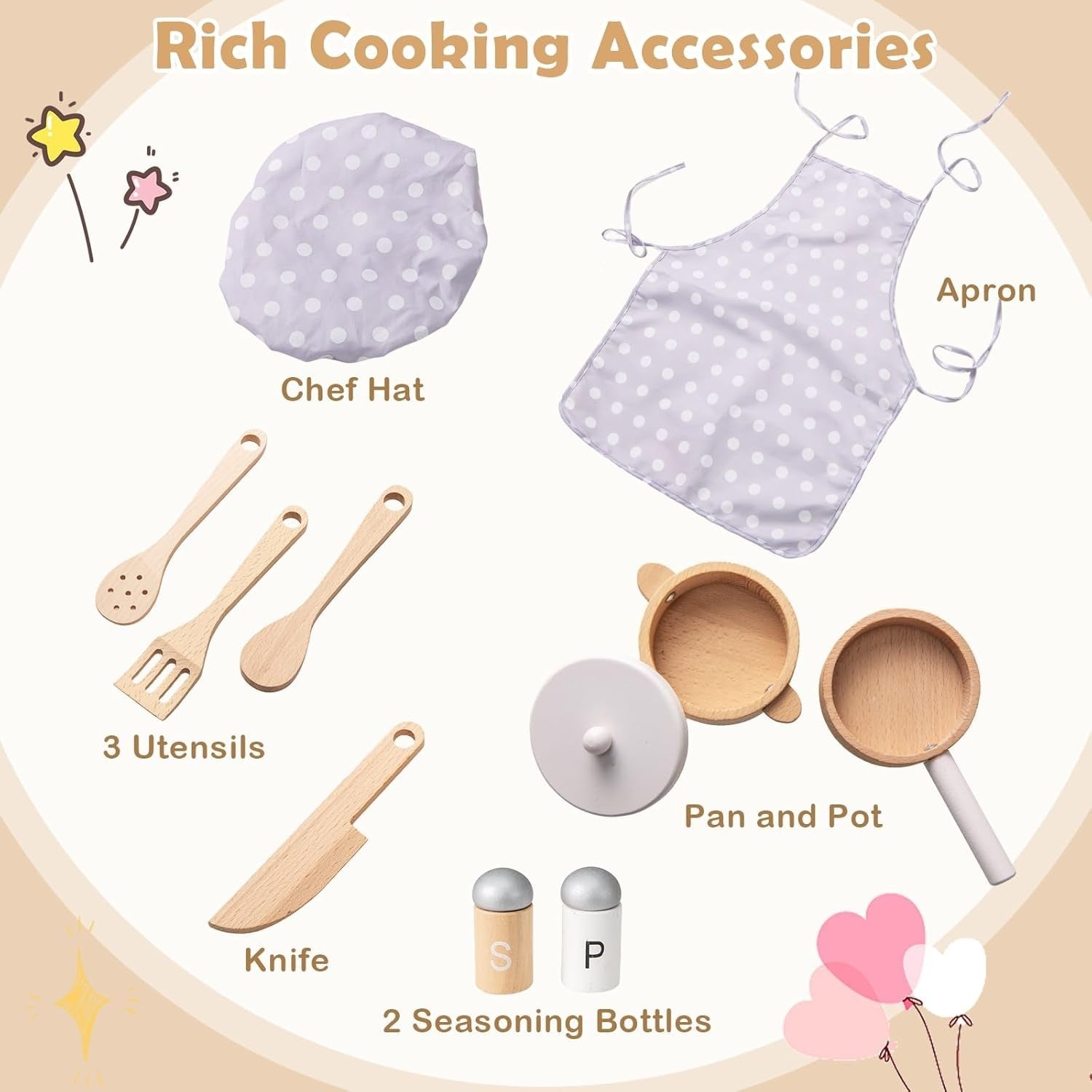 Wooden Kids Play Kitchen White w/ Lights Sounds Oven Accessories
