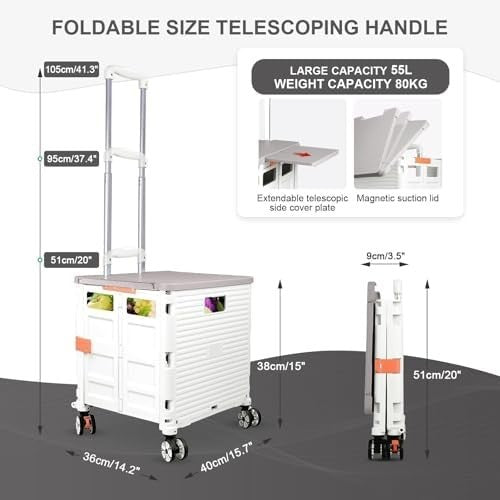 Foldable Shopping Cart Heavy Duty 55kg 360° Wheels Telescopic Handle White