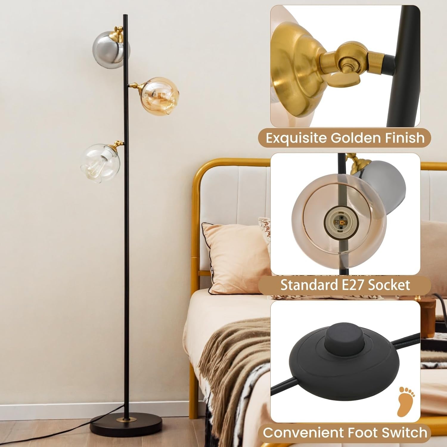Industrial Floor Lamp 3 Light Glass Globe Standing Lamp Foot Switch Black