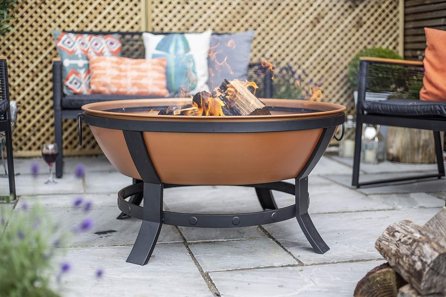 Large Copper Effect Fire Pit with Protective Mesh Lid | Outdoor Garden Heater